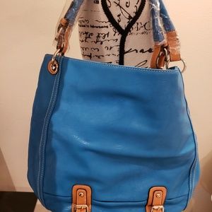 Turquoise blue and brown satchel with gold accents